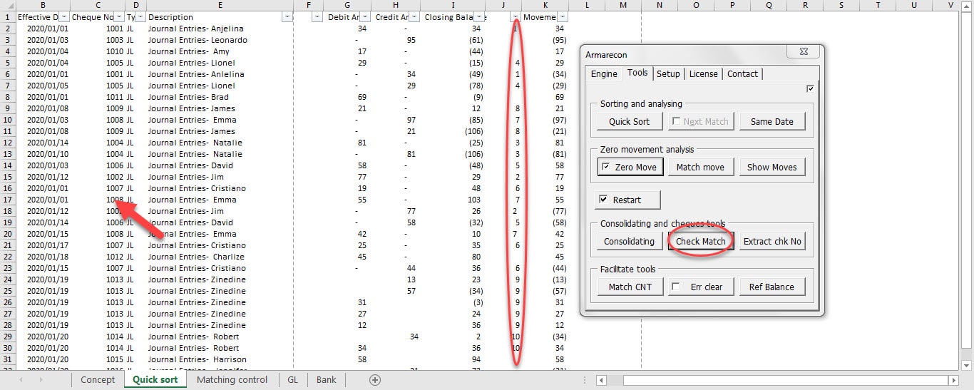 Armarecon training image (Bank reconciliation excel add-ins ) - excel screen 1 related to Check Match