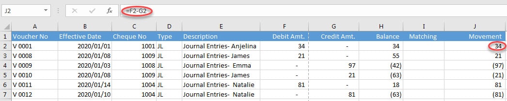 Armarecon (Bank reconciliation excel add-ins) excel screen 2 related to using Armarecon engine in simple example