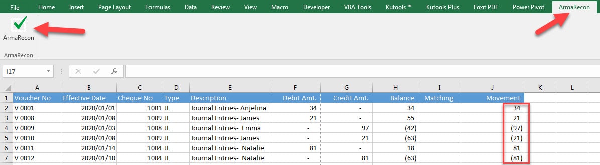 Armarecon (Bank reconciliation excel add-ins) excel screen 3 related to using Armarecon engine in simple example