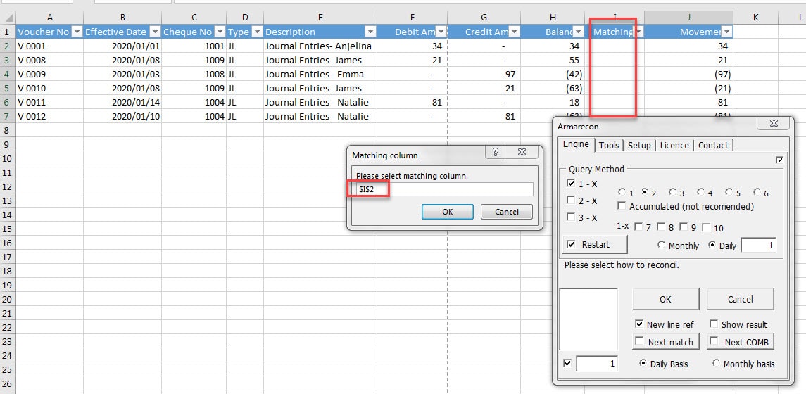 Armarecon (Bank reconciliation excel add-ins) excel screen 4 related to using Armarecon engine in simple example