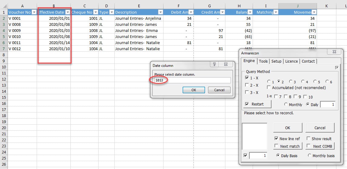 Armarecon (Bank reconciliation excel add-ins) excel screen 5 related to using Armarecon engine in simple example