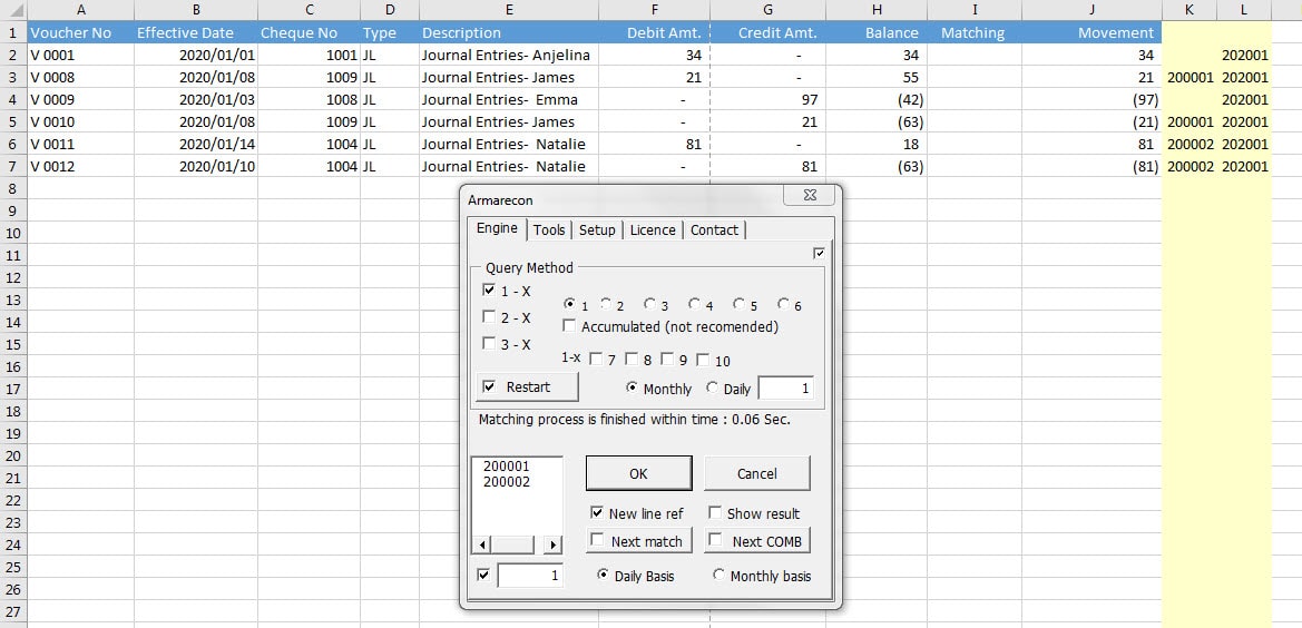 Armarecon (Bank reconciliation excel add-ins) excel screen 7 related to using Armarecon engine in simple example