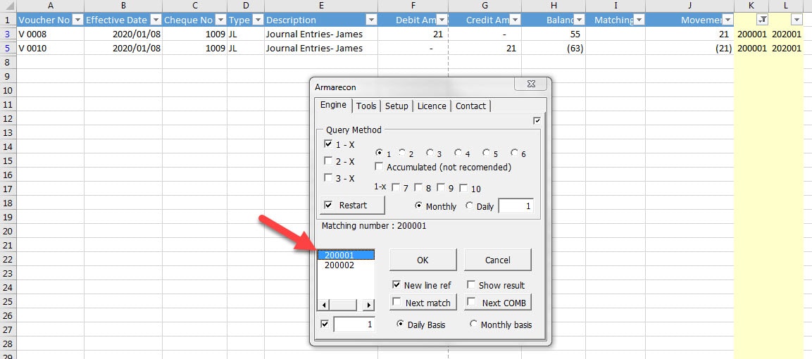 Armarecon (Bank reconciliation excel add-ins) excel screen 8 related to using Armarecon engine in simple example