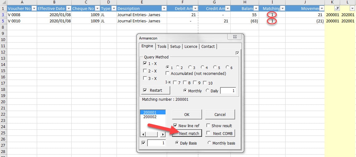 Armarecon (Bank reconciliation excel add-ins) excel screen 9 related to using Armarecon engine in simple example