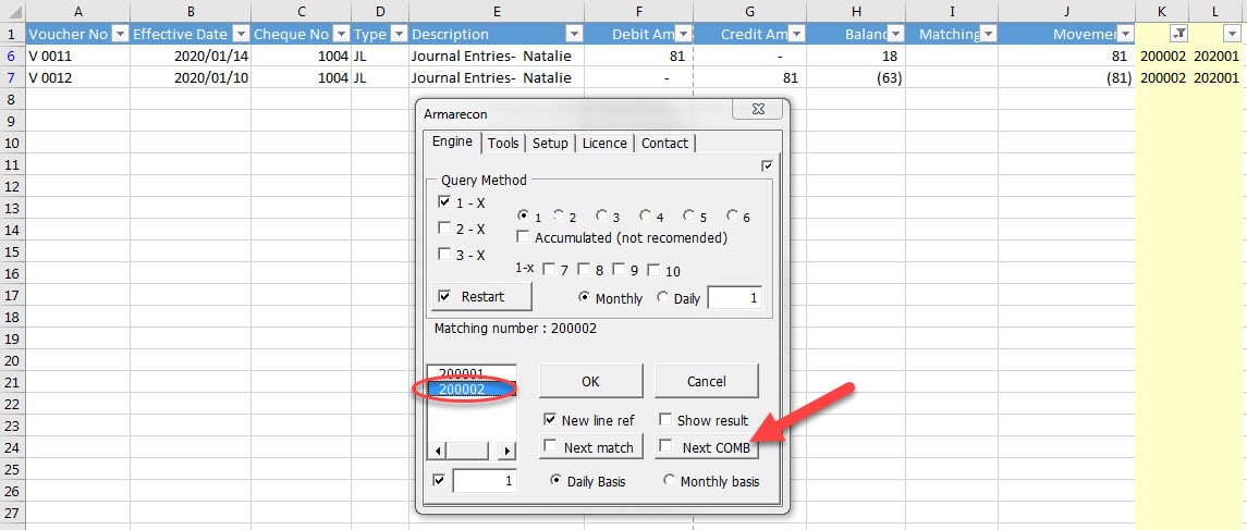 Armarecon (Bank reconciliation excel add-ins) excel screen 10 related to using Armarecon engine in simple example