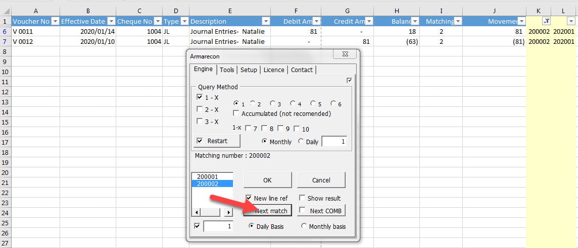 Armarecon (Bank reconciliation excel add-ins) excel screen 11 related to using Armarecon engine in simple example