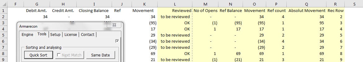 Armarecon training image (Bank reconciliation excel add-ins ) - excel screen 1 related to Quick Sort Detail