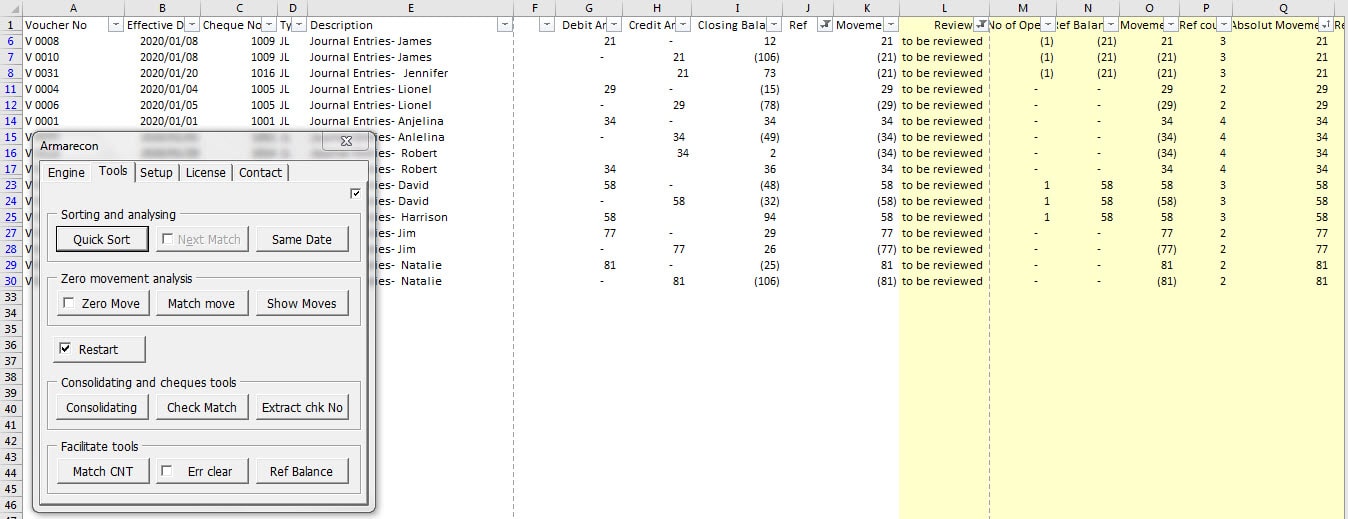 Armarecon training image (Bank reconciliation excel add-ins ) - excel screen 2 related to Quick Sort Detail