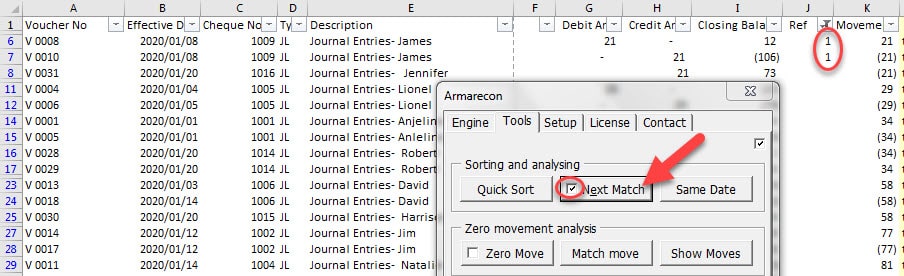 Armarecon training image (Bank reconciliation excel add-ins ) - excel screen 3 related to Quick Sort Detail