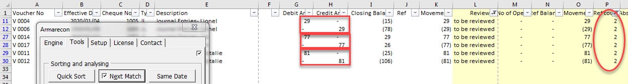 Armarecon training image (Bank reconciliation excel add-ins ) - excel screen 4 related to Quick Sort Detail