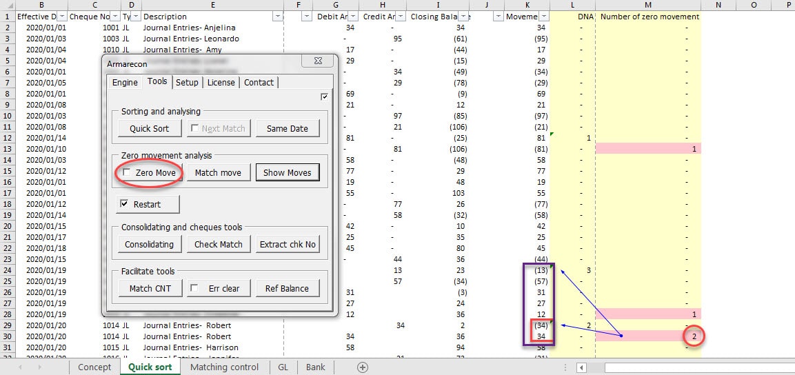 Armarecon training image (Bank reconciliation excel add-ins ) - excel screen 1 related to Zero Movement Analysis