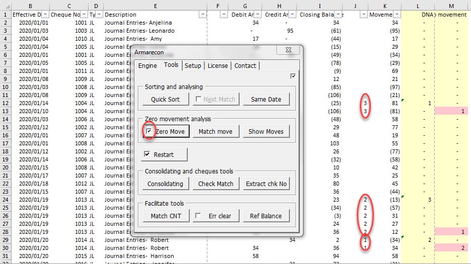 Armarecon training image (Bank reconciliation excel add-ins ) - excel screen 3 related to Zero Movement Analysis