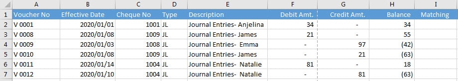 Armarecon (Bank reconciliation excel add-ins) excel screen 1 related to using Armarecon engine in simple example